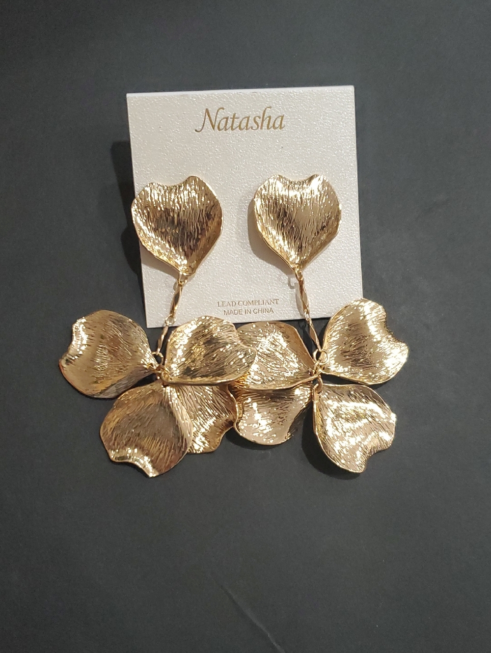 Natasha couture Gold tone Textured‎ Floral petal Drop Earrings brand new